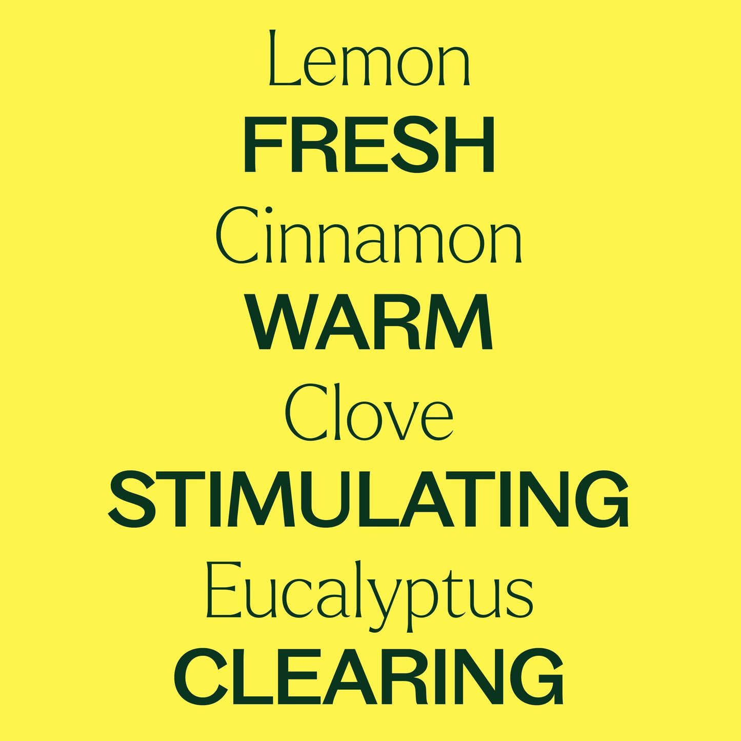 Lemon, cinnamon, clove, eucalyptus. fresh, warm, stimulating, clearing. 