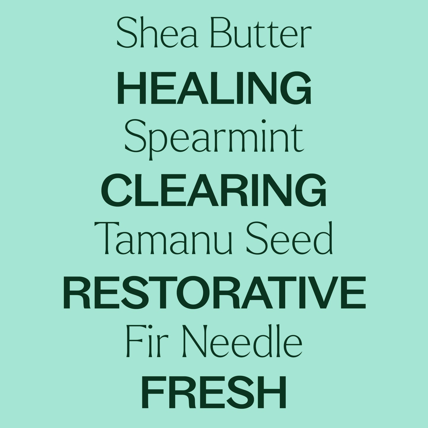 Shea butter, spearmint, tamanu seed, fir needle. Healing, clearing, restorative, fresh