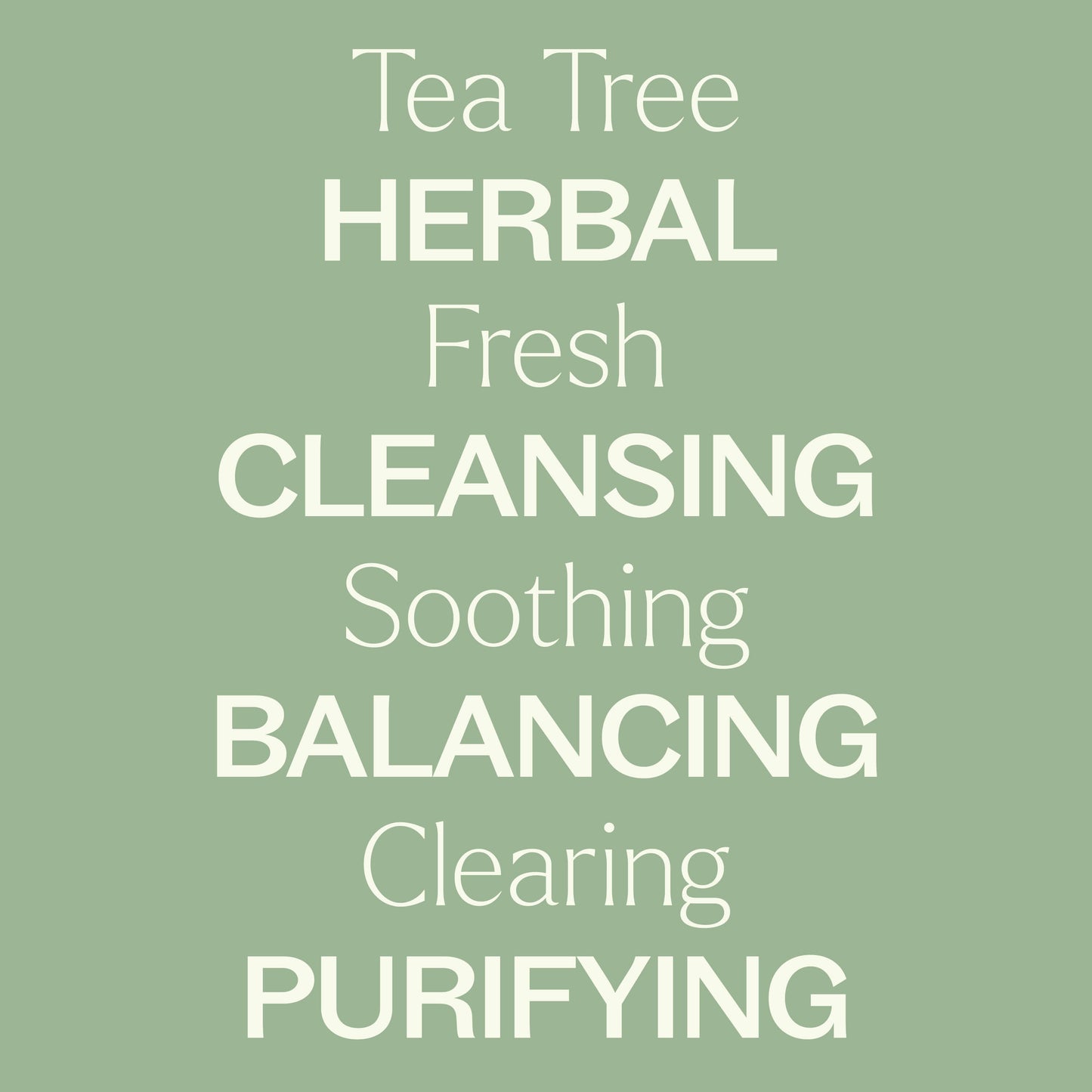 tea tree, herbal, fresh, cleansing, soothing, balancing, clearing, purifying