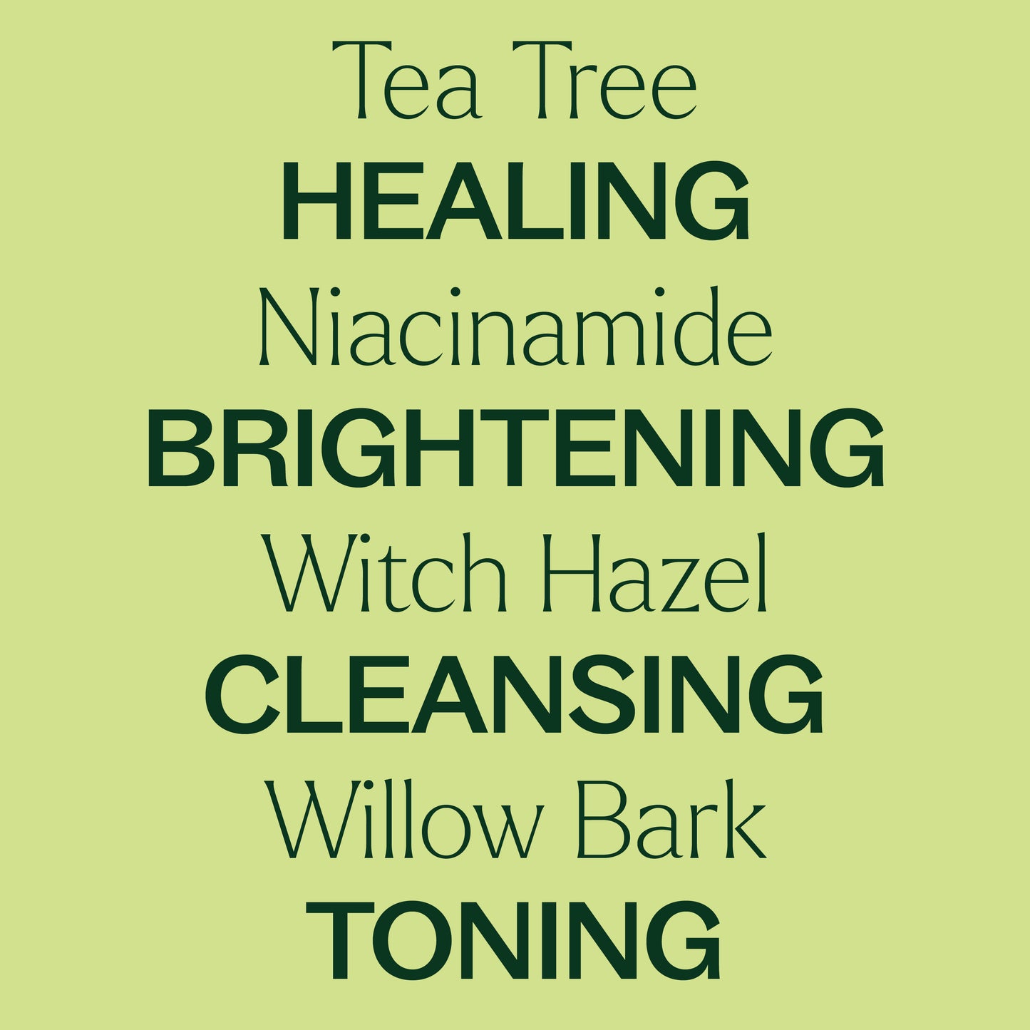 Tea tree, niacinamide, witch hazel, willow bark. Healing, brightening, cleansing, toning