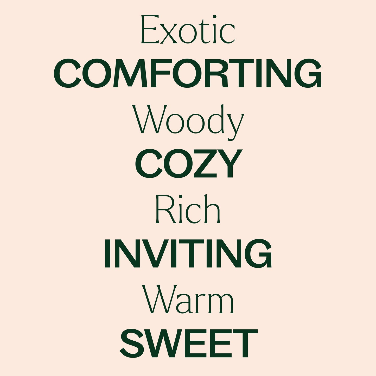 Exotic, woody, rich, warm, comforting, cozy, inviting, sweet